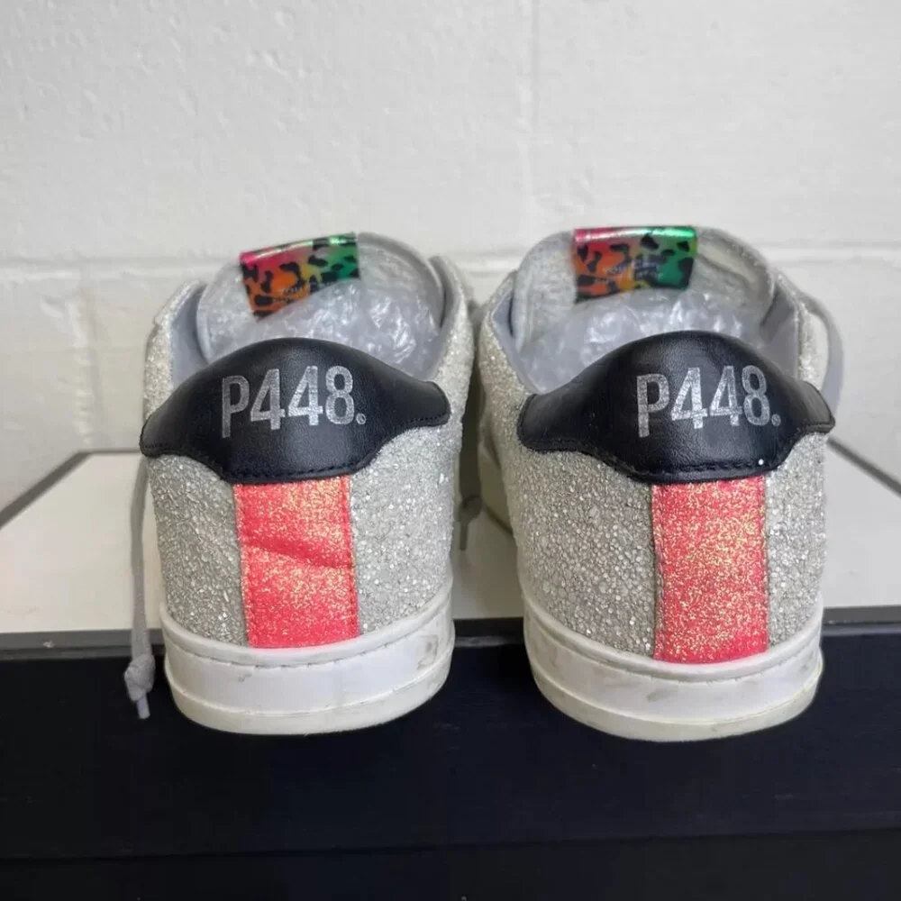 P448 Glitter Colorblock Pattern White Grey Silver Sneakers Low Top Women's 38 EU